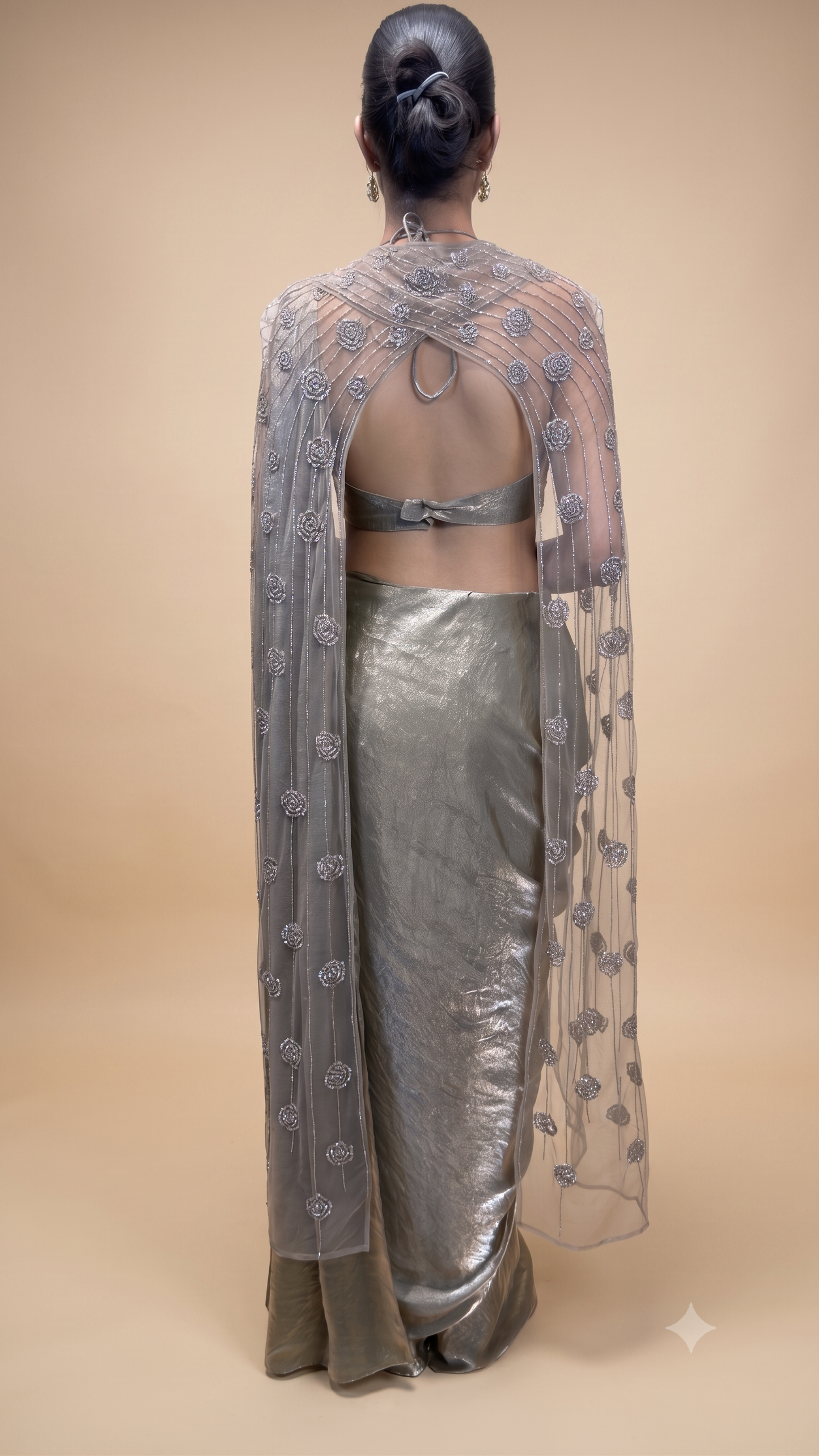Olive Grey Embellished Pre‑Draped Saree with Cape