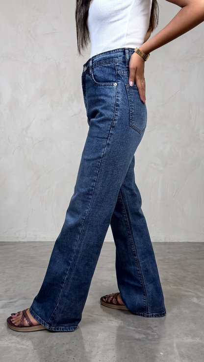 Banarashe Women's High-Waisted Mid-Blue Wide-Leg Jeans