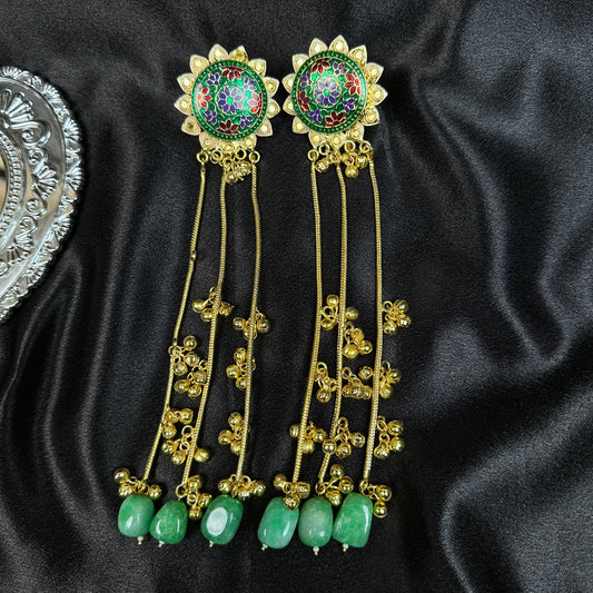 Gold Plated Chandelier Earrings with Multicolor Meenakari & Green Jade Stone Drops