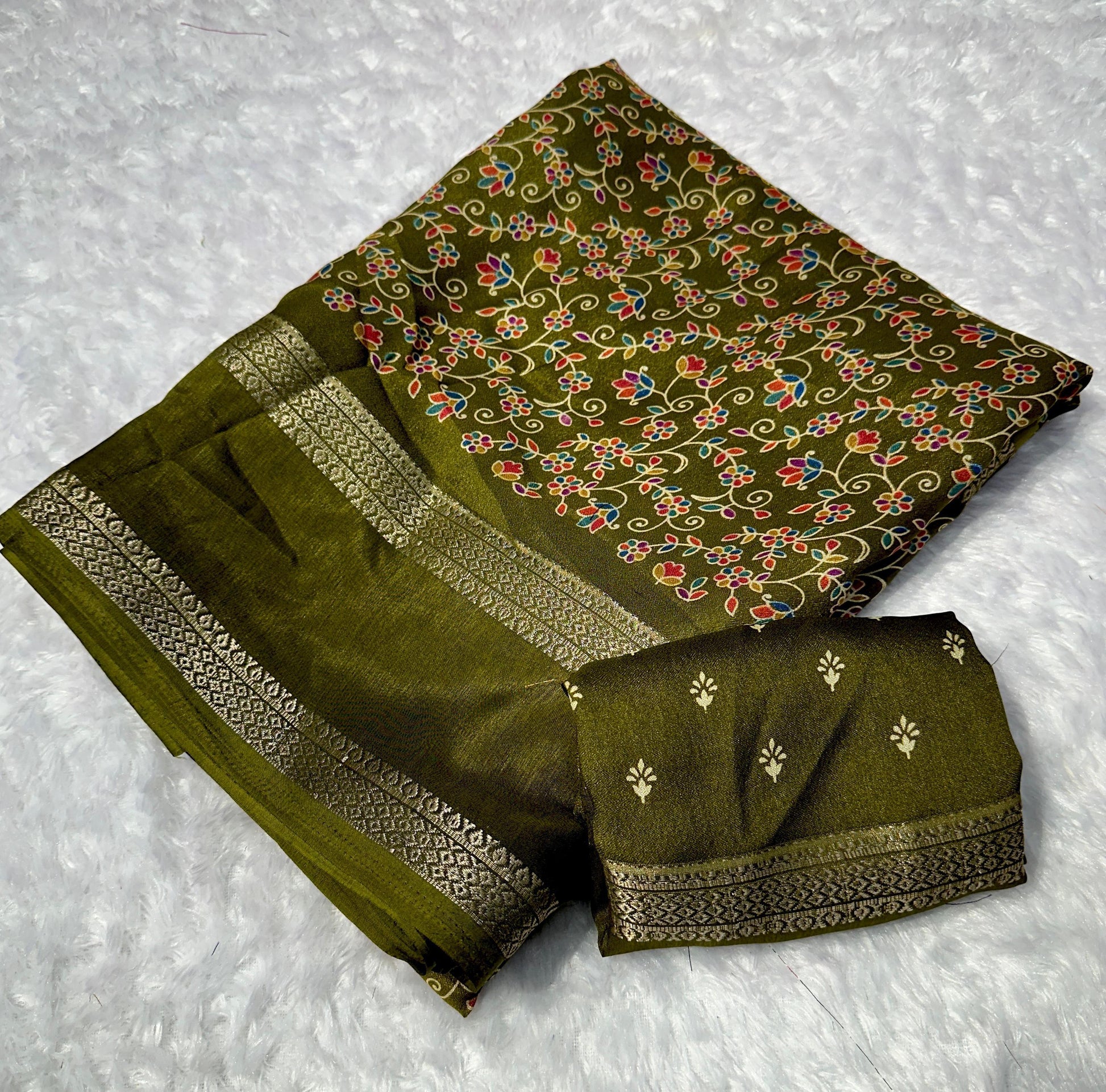 Olive Green Floral Printed Georgette Saree with Antique Gold Zari
