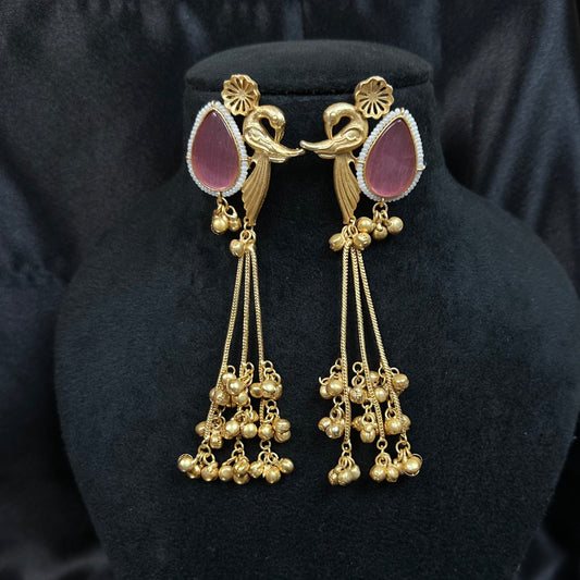 Handcrafted Gold-Plated Long Dangler Earrings with Bird Motif & Pink Stone