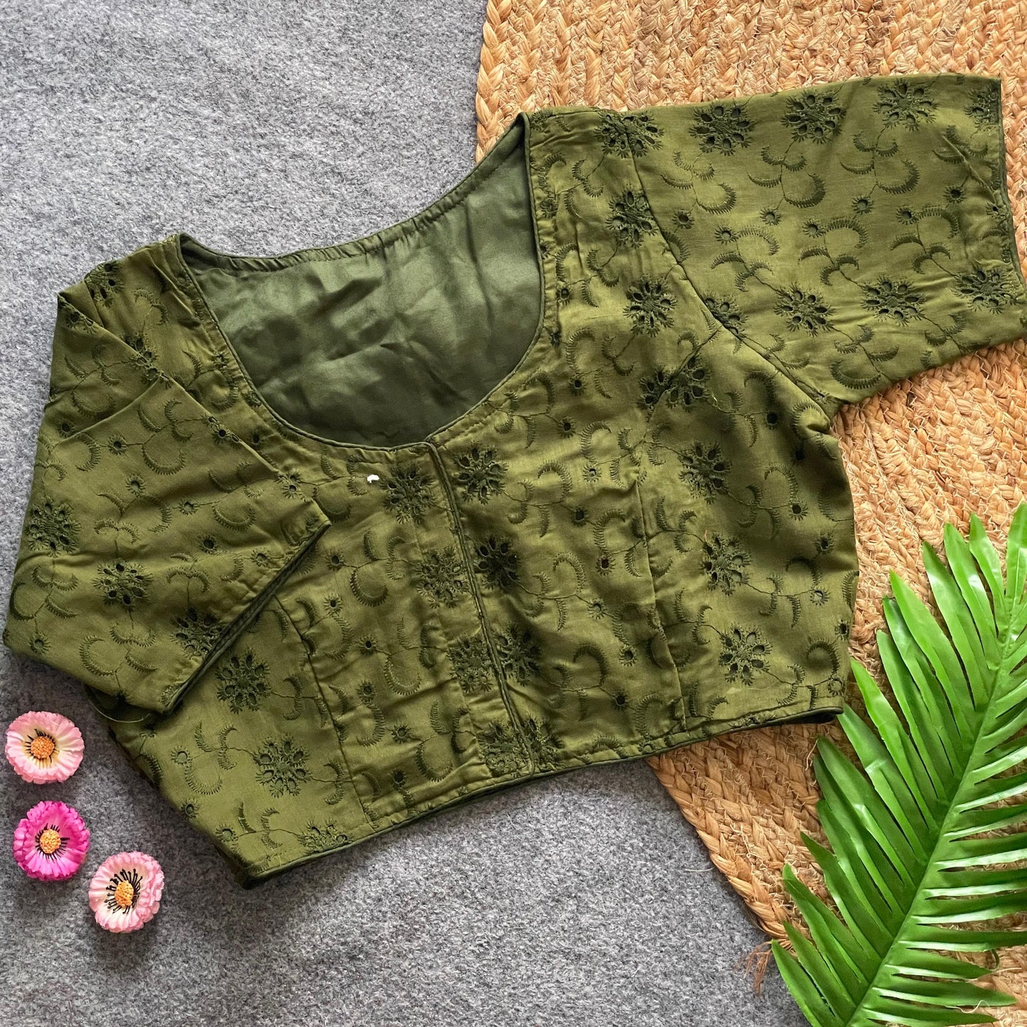 Pure Cotton Hakoba Front Open Blouse with Boat Neck & Heavy Thread Work