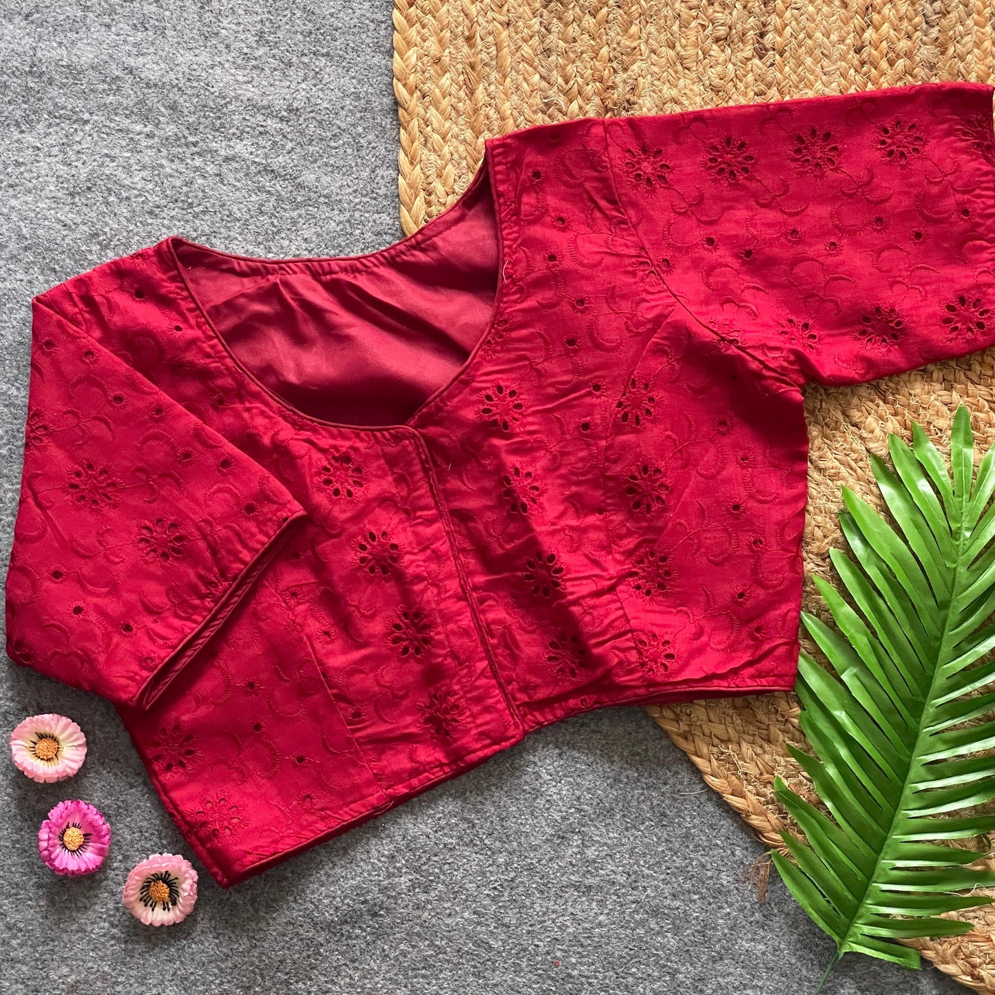 Pure Cotton Hakoba Front Open Blouse with Boat Neck & Heavy Thread Work