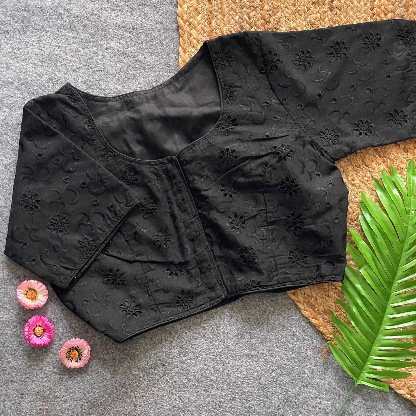 Pure Cotton Hakoba Front Open Blouse with Boat Neck & Heavy Thread Work