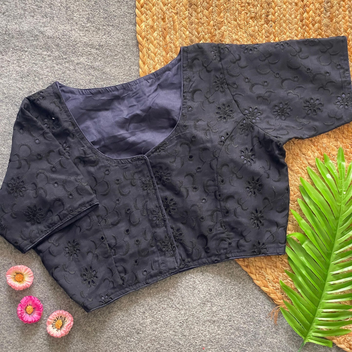 Pure Cotton Hakoba Front Open Blouse with Boat Neck & Heavy Thread Work