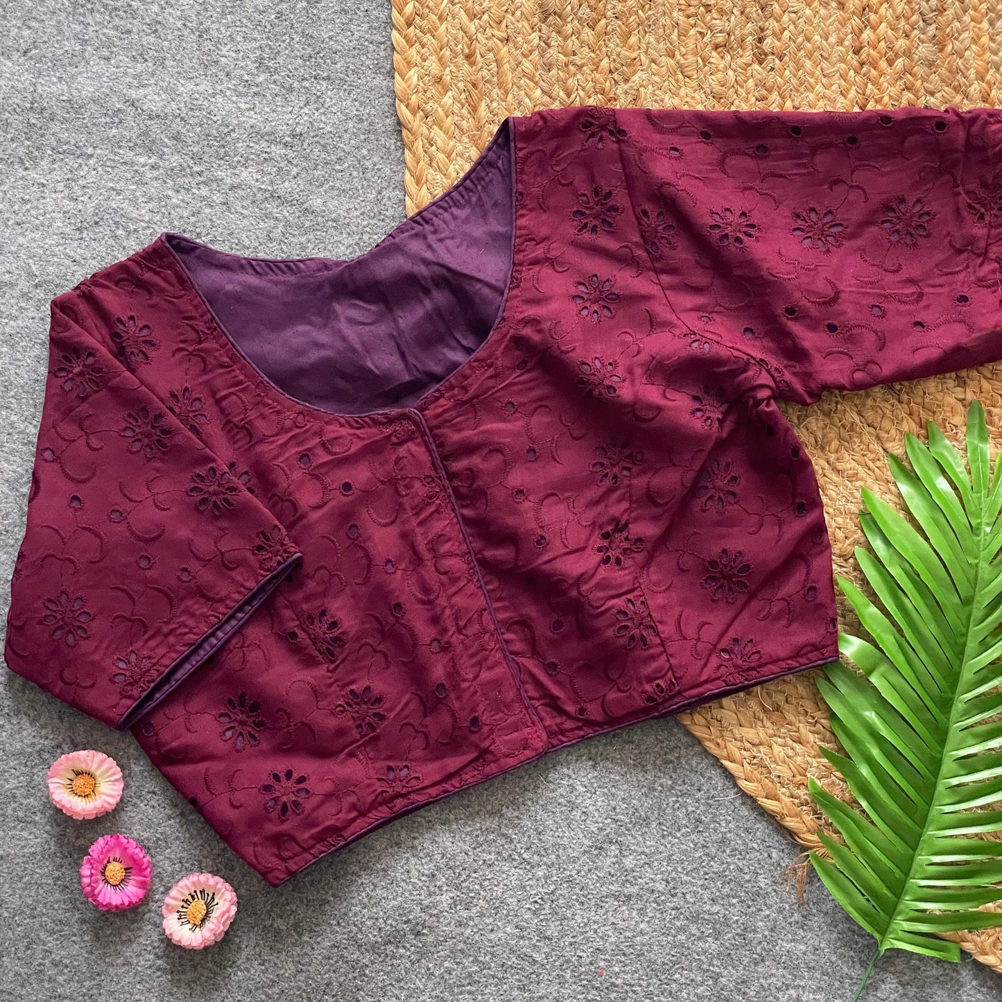 Pure Cotton Hakoba Front Open Blouse with Boat Neck & Heavy Thread Work