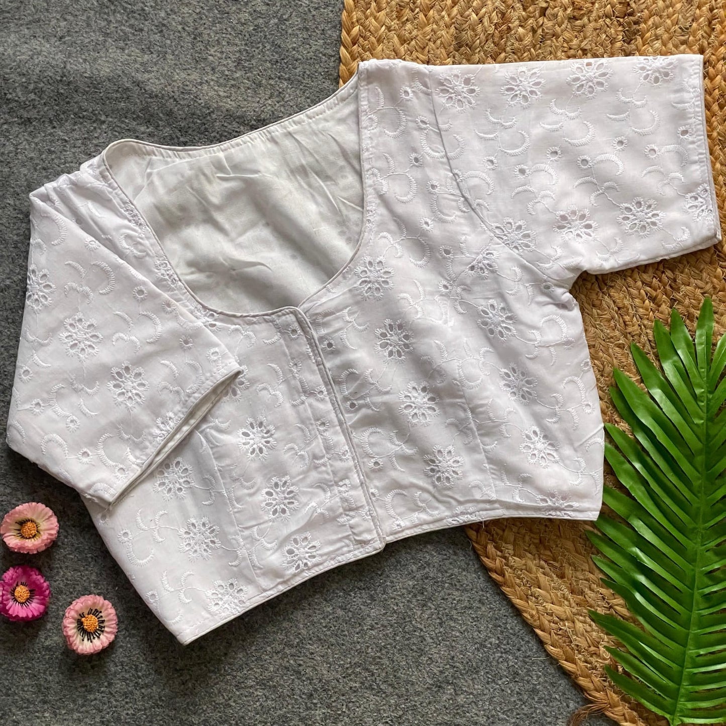 Pure Cotton Hakoba Front Open Blouse with Boat Neck & Heavy Thread Work