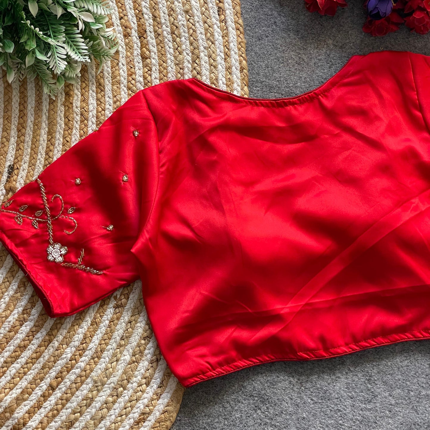 Short Sleeve Blouse with Embroidered Sleeves & Curved Neckline