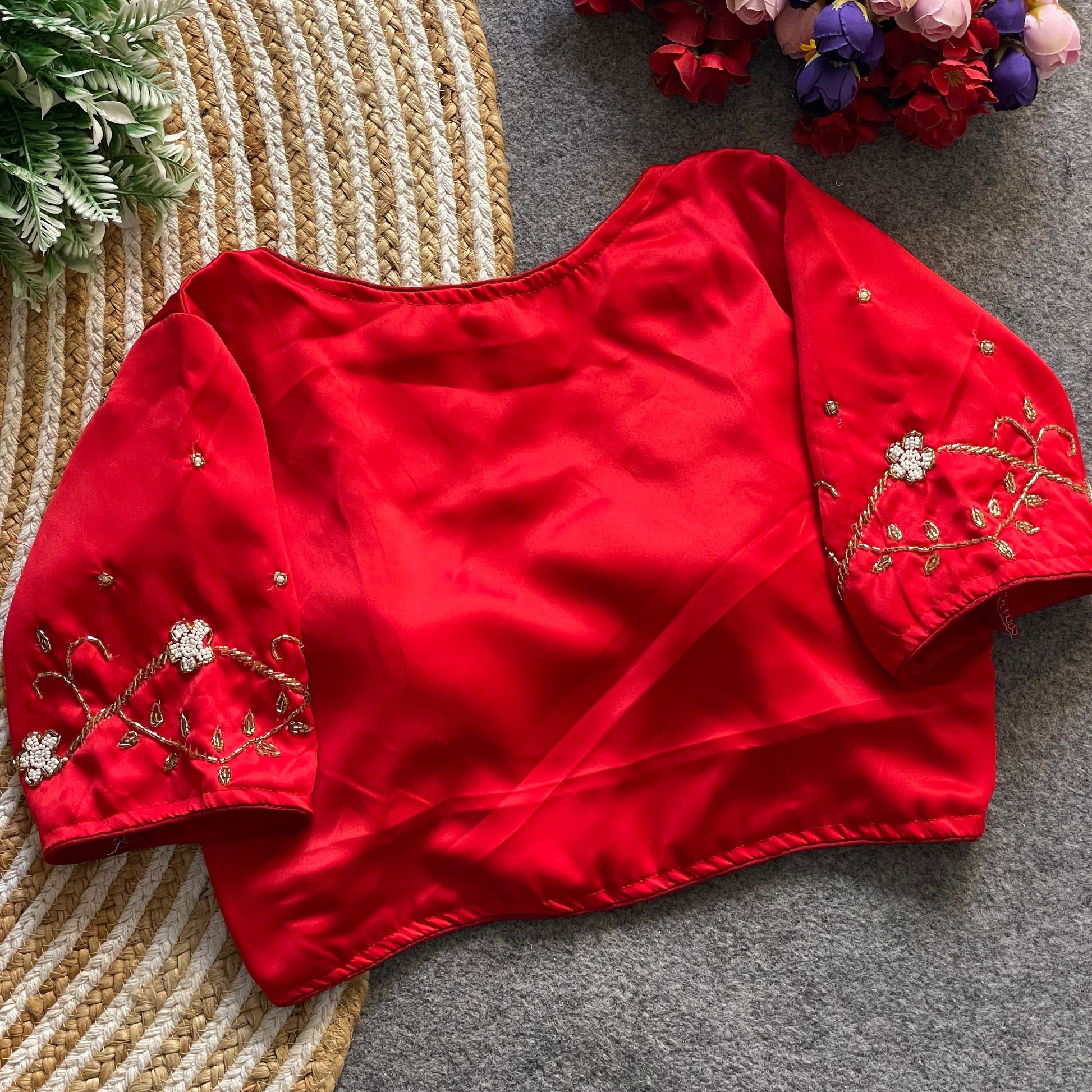Short Sleeve Blouse with Embroidered Sleeves & Curved Neckline