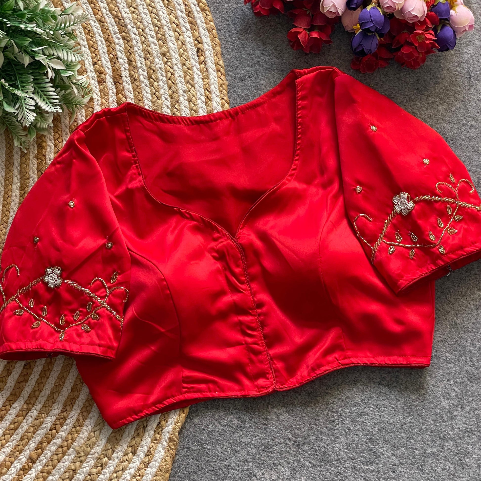 Short Sleeve Blouse with Embroidered Sleeves & Curved Neckline