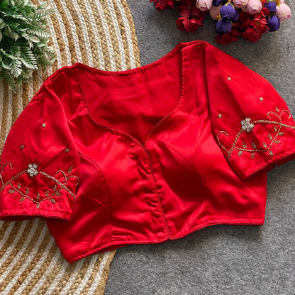 Short Sleeve Blouse with Embroidered Sleeves & Curved Neckline