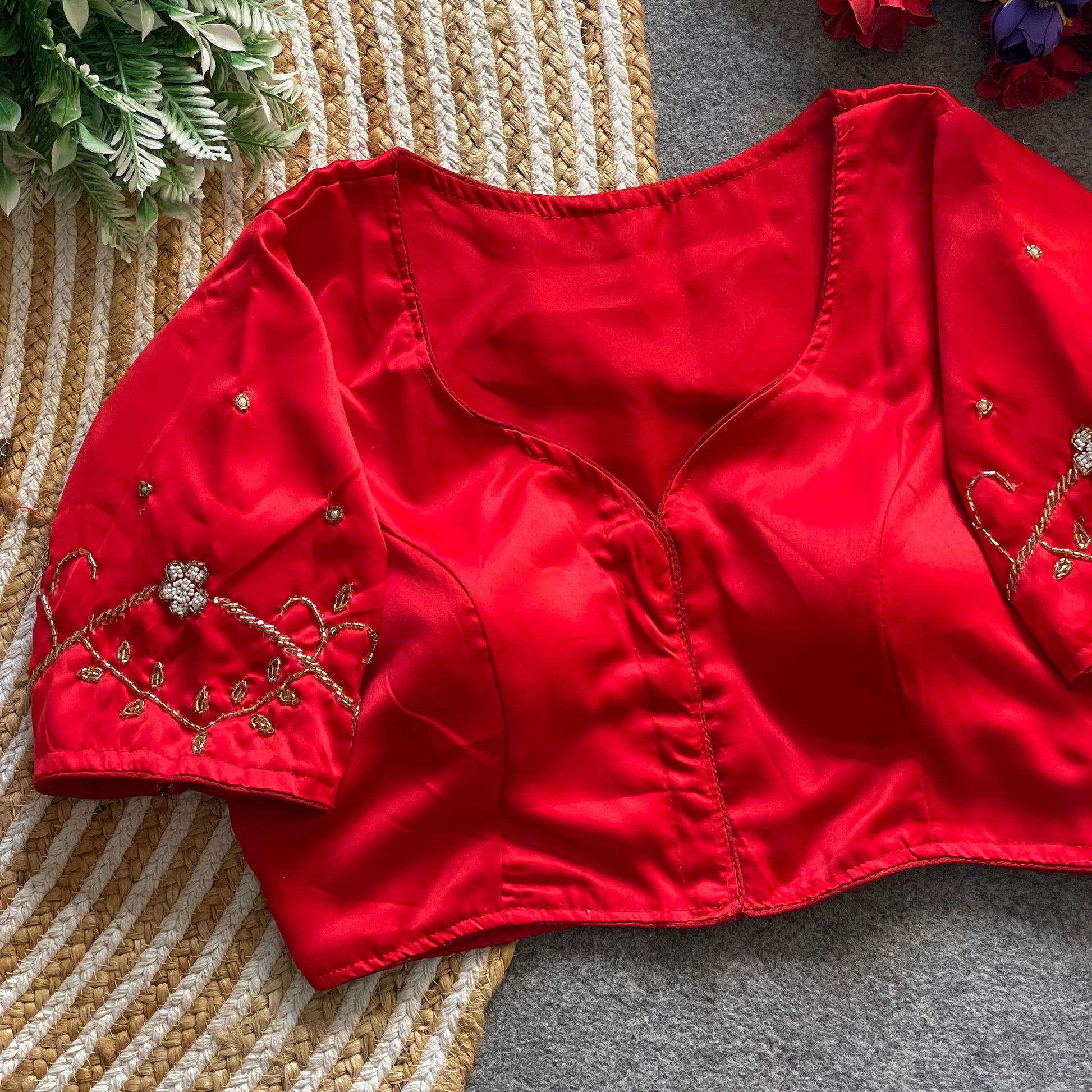 Short Sleeve Blouse with Embroidered Sleeves & Curved Neckline