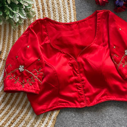 Short Sleeve Blouse with Embroidered Sleeves & Curved Neckline