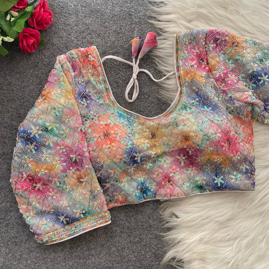 Premium Frandy Silk Heavy Beads Work Blouse Multicolor Digital Print Back Open
