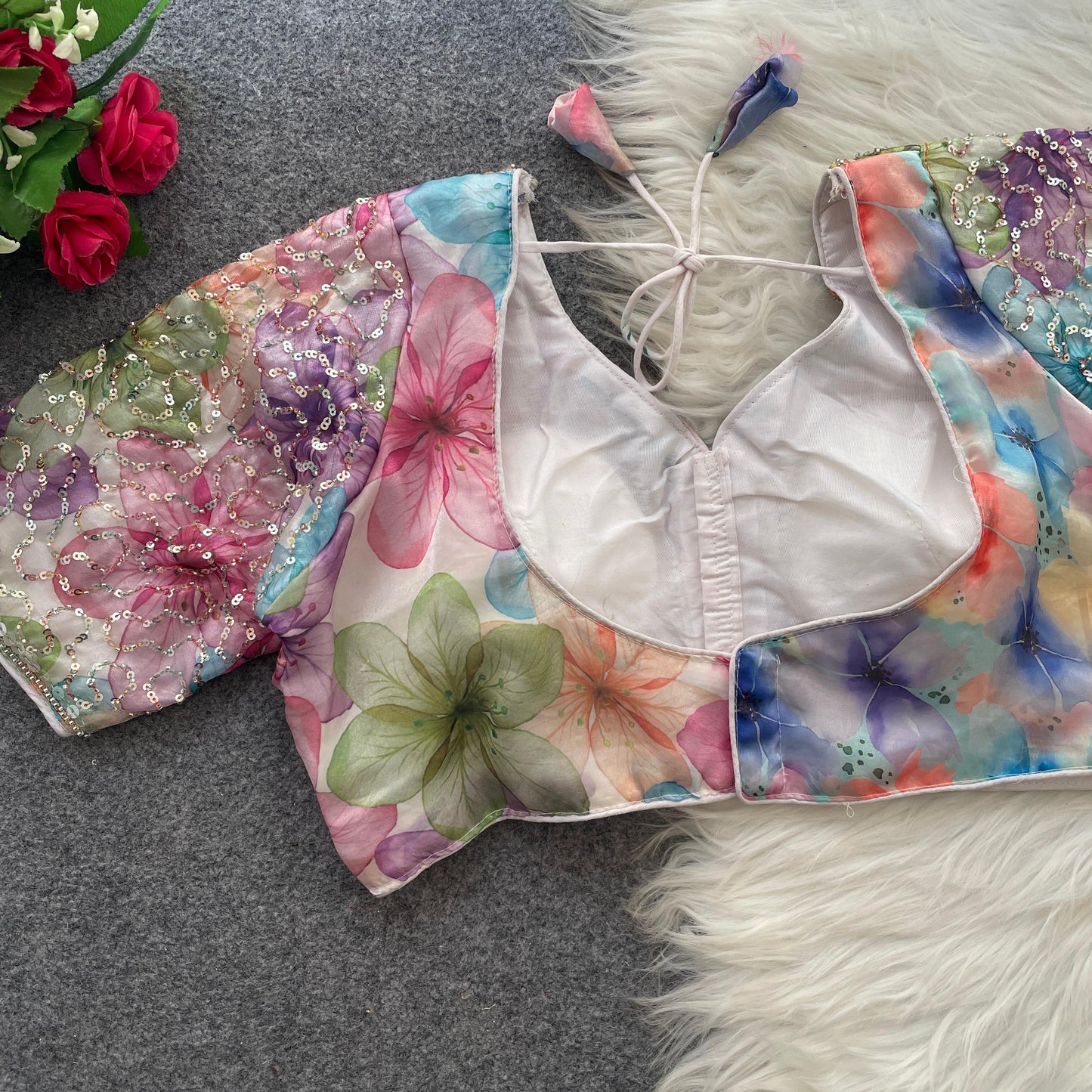 Elegant Multi-Color Floral Beads Work Partywear Blouse