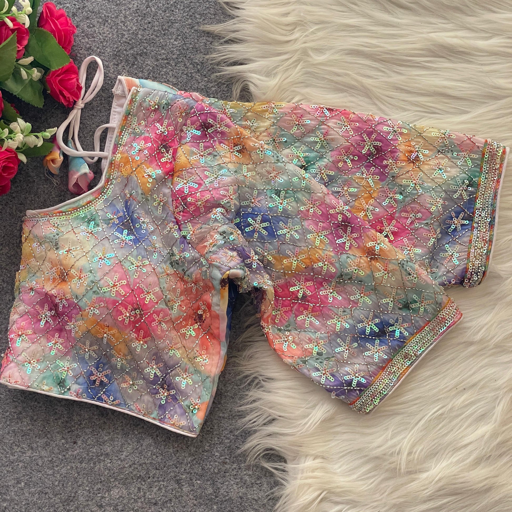 Premium Frandy Silk Heavy Beads Work Blouse Multicolor Digital Print Back Open