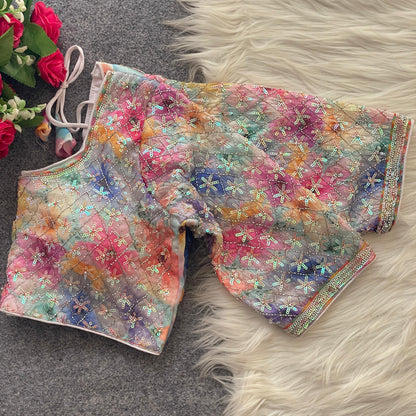 Premium Frandy Silk Heavy Beads Work Blouse Multicolor Digital Print Back Open