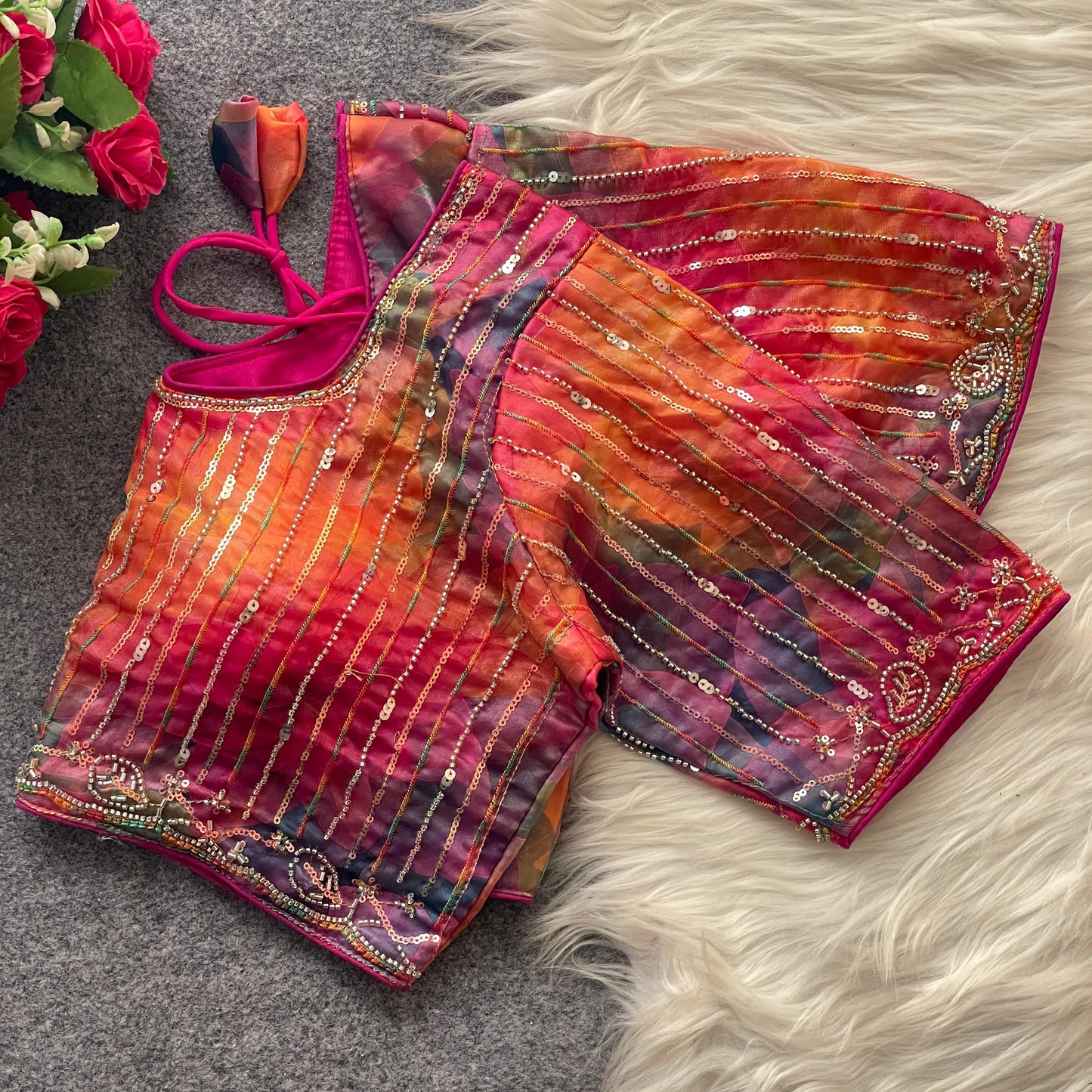 Luxury Partywear Frandy Silk Blouse with Beads & Sequin Embroidery