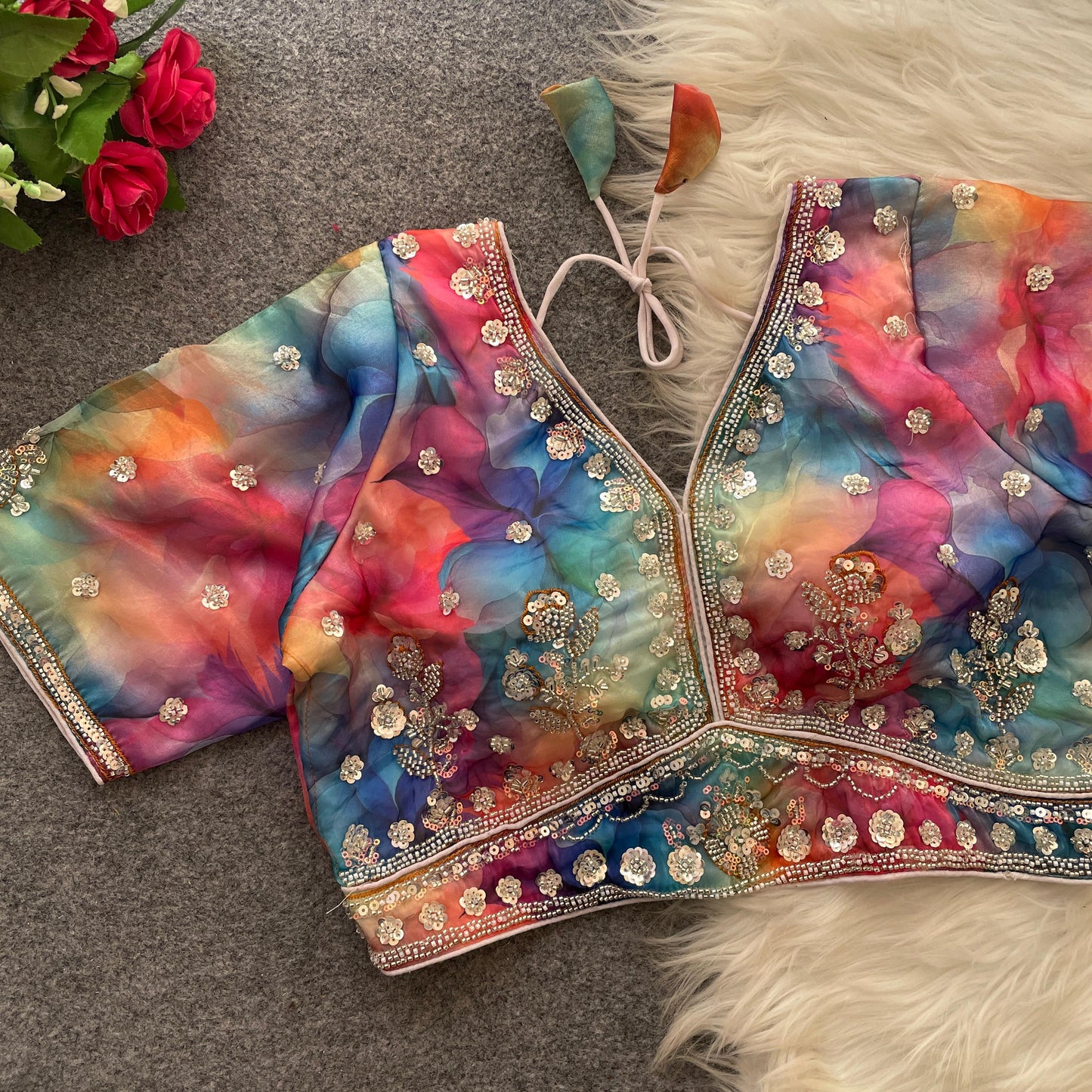 Multicolor Embroidered Blouse & Lehenga Shorts Set Sequin Floral Detail