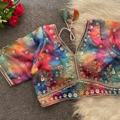 Multicolor Embroidered Blouse & Lehenga Shorts Set Sequin Floral Detail