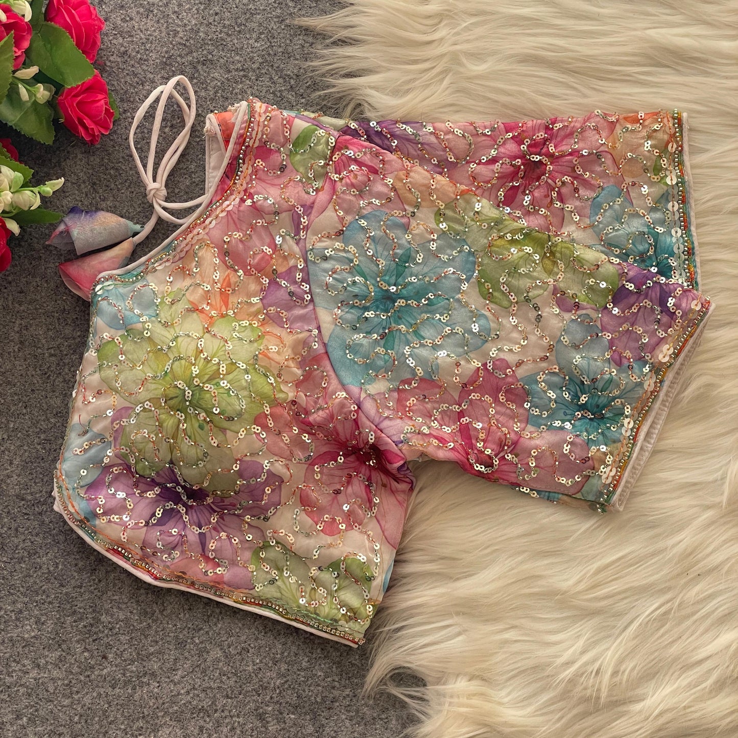 Elegant Multi-Color Floral Beads Work Partywear Blouse