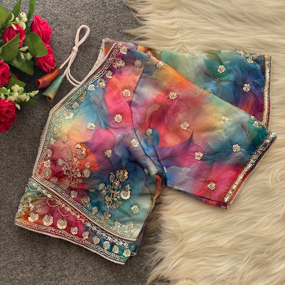 Multicolor Embroidered Blouse & Lehenga Shorts Set Sequin Floral Detail