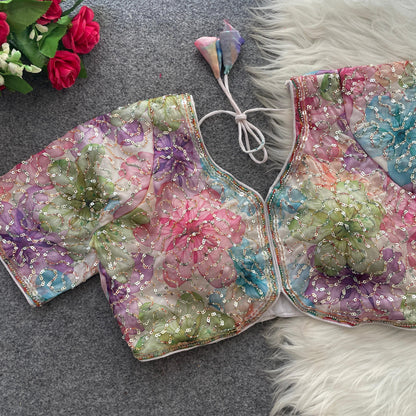 Elegant Multi-Color Floral Beads Work Partywear Blouse