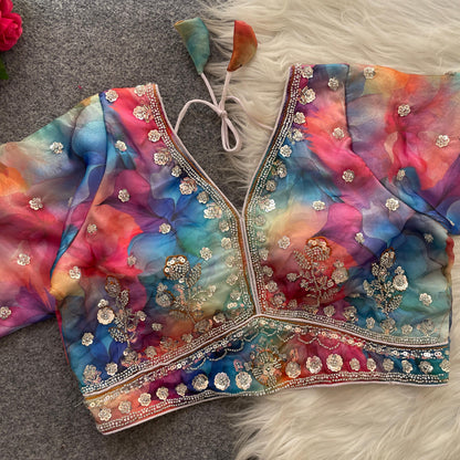 Multicolor Embroidered Blouse & Lehenga Shorts Set Sequin Floral Detail