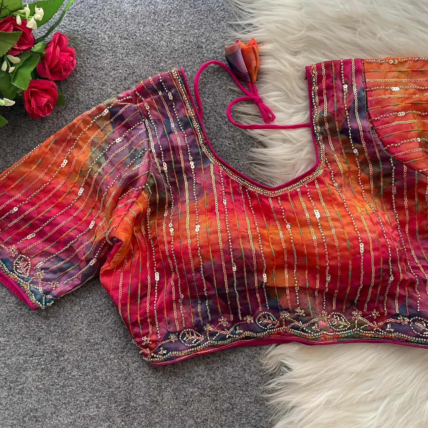 Luxury Partywear Frandy Silk Blouse with Beads & Sequin Embroidery