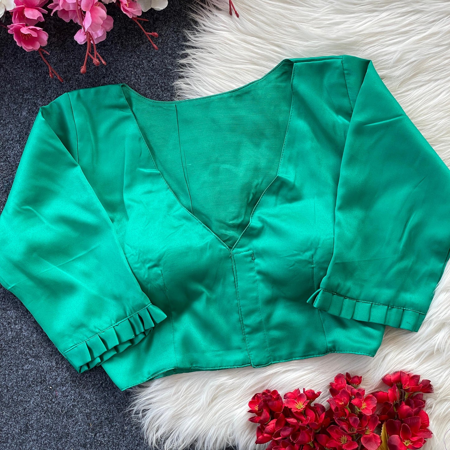 Emerald Green Satin Blouse with Indo Cotton Lining & Tailored Sleeves