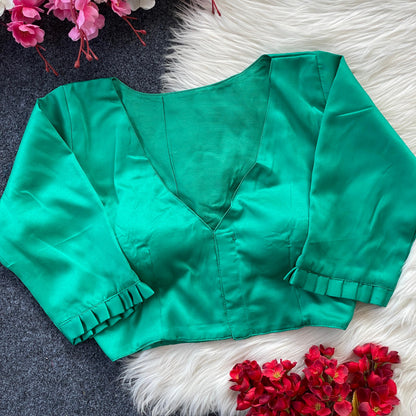 Emerald Green Satin Blouse with Indo Cotton Lining & Tailored Sleeves