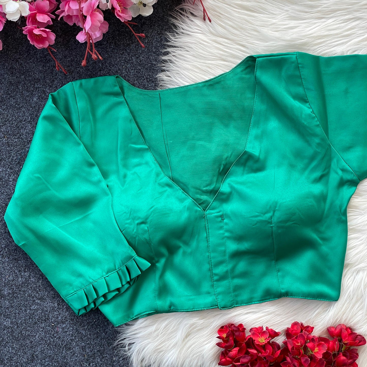 Emerald Green Satin Blouse with Indo Cotton Lining & Tailored Sleeves