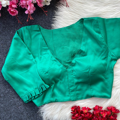 Emerald Green Satin Blouse with Indo Cotton Lining & Tailored Sleeves