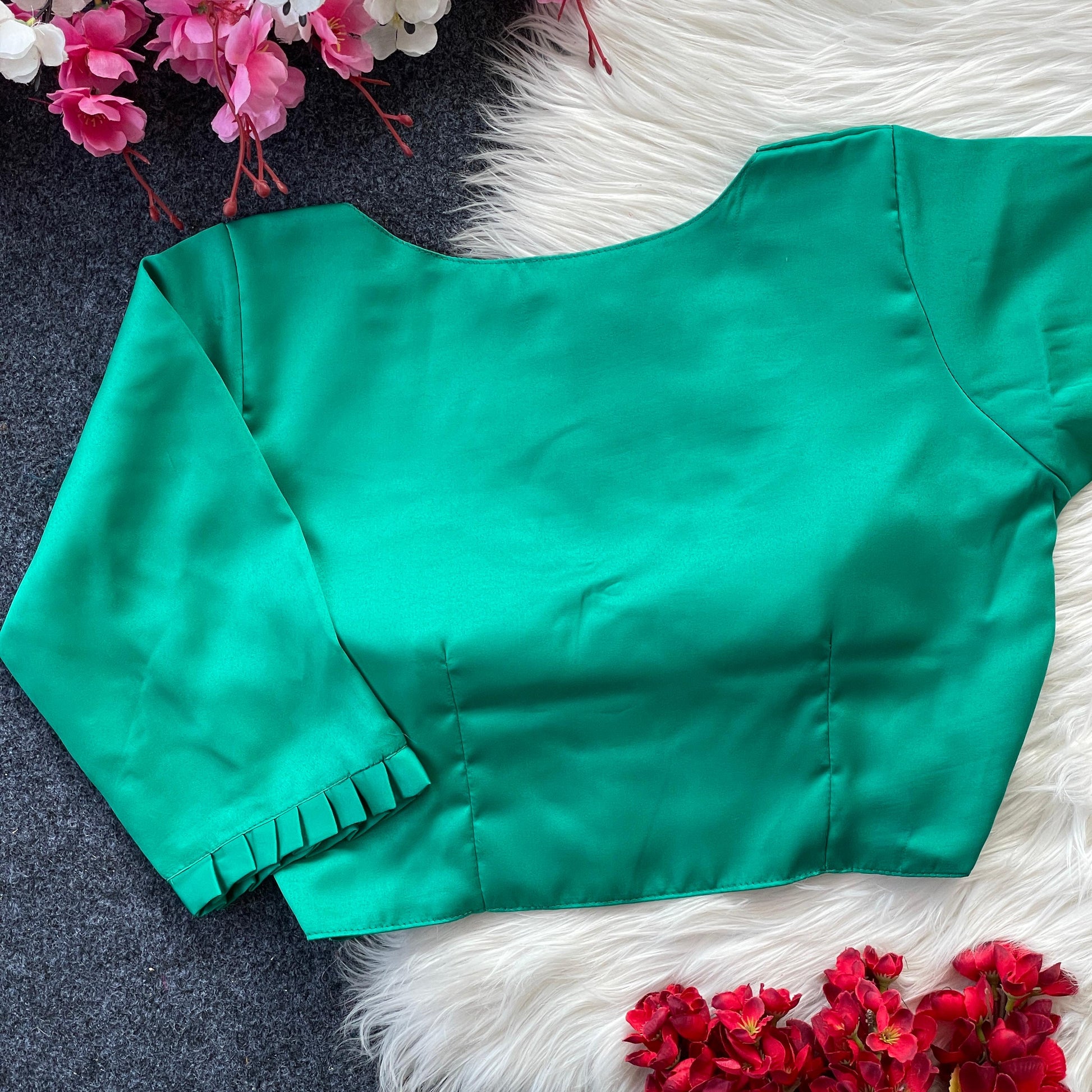 Emerald Green Satin Blouse with Indo Cotton Lining & Tailored Sleeves