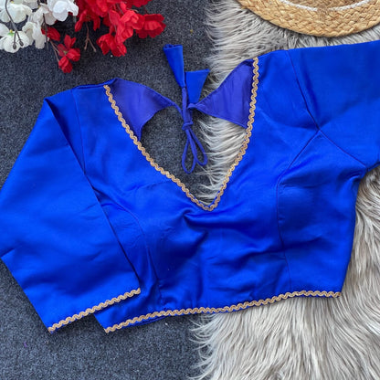 Royal Blue Malai Satin Blouse with Golden Trim & Padded Fit