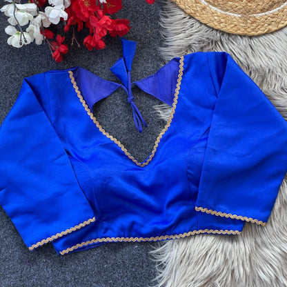 Royal Blue Malai Satin Blouse with Golden Trim & Padded Fit