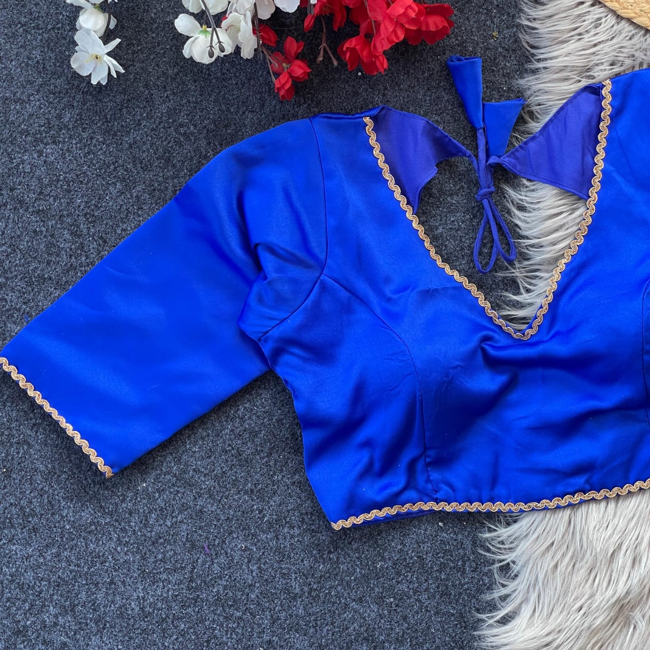 Royal Blue Malai Satin Blouse with Golden Trim & Padded Fit