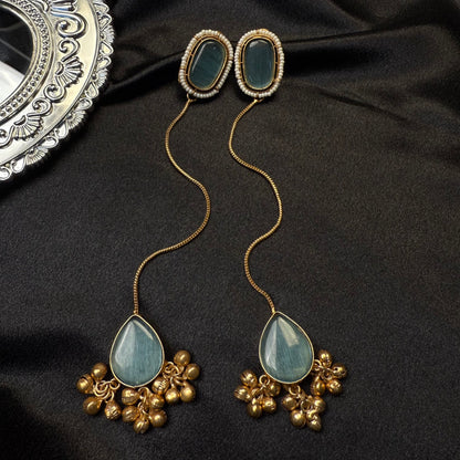 Premium Kashmiri Gold-Plated Chain Jhumka Earring Ocean Green