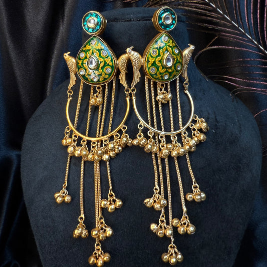 Kashmiri Peacock Design Brass Earrings with Hanging Chains Green & Gold