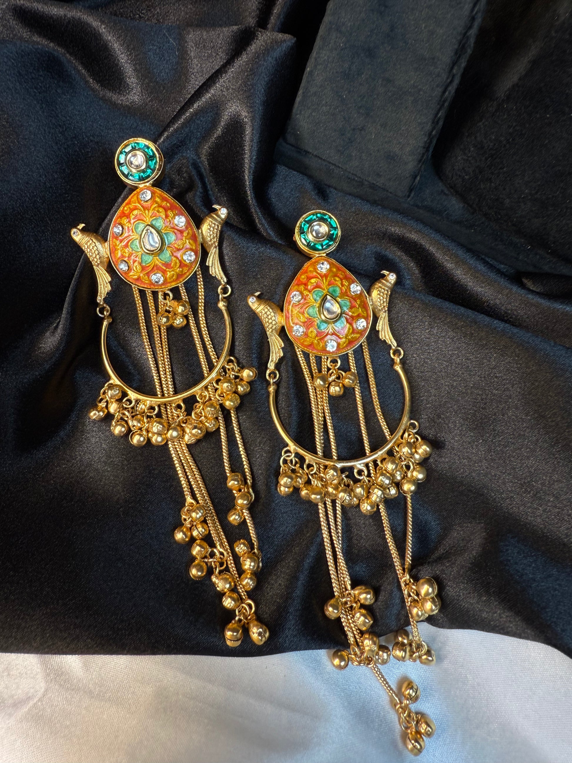 Kashmiri Peacock Design Brass Earrings with Hanging Chains Orange & Green Gold