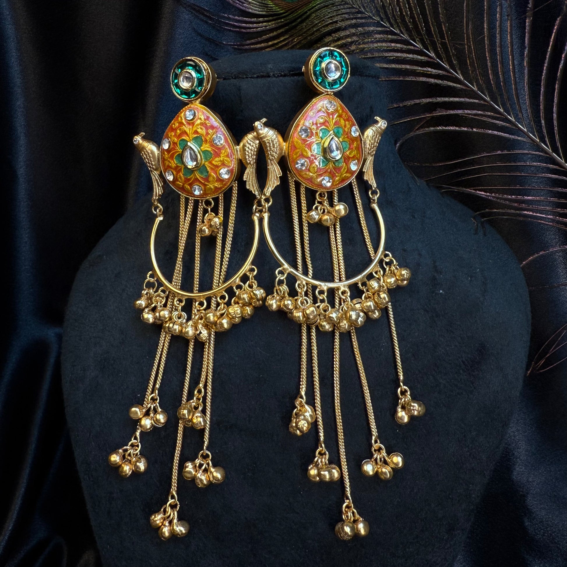 Kashmiri Peacock Design Brass Earrings with Hanging Chains Orange & Green Gold