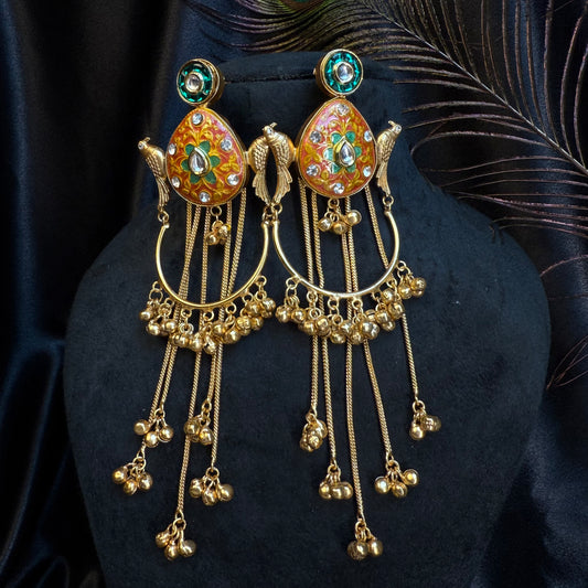 Kashmiri Peacock Design Brass Earrings with Hanging Chains Orange & Green Gold