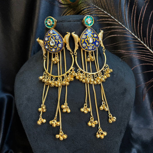 Kashmiri Peacock Design Brass Earrings with Hanging Chains Royal Blue And Gold
