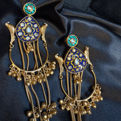 Kashmiri Peacock Design Brass Earrings with Hanging Chains Royal Blue And Gold