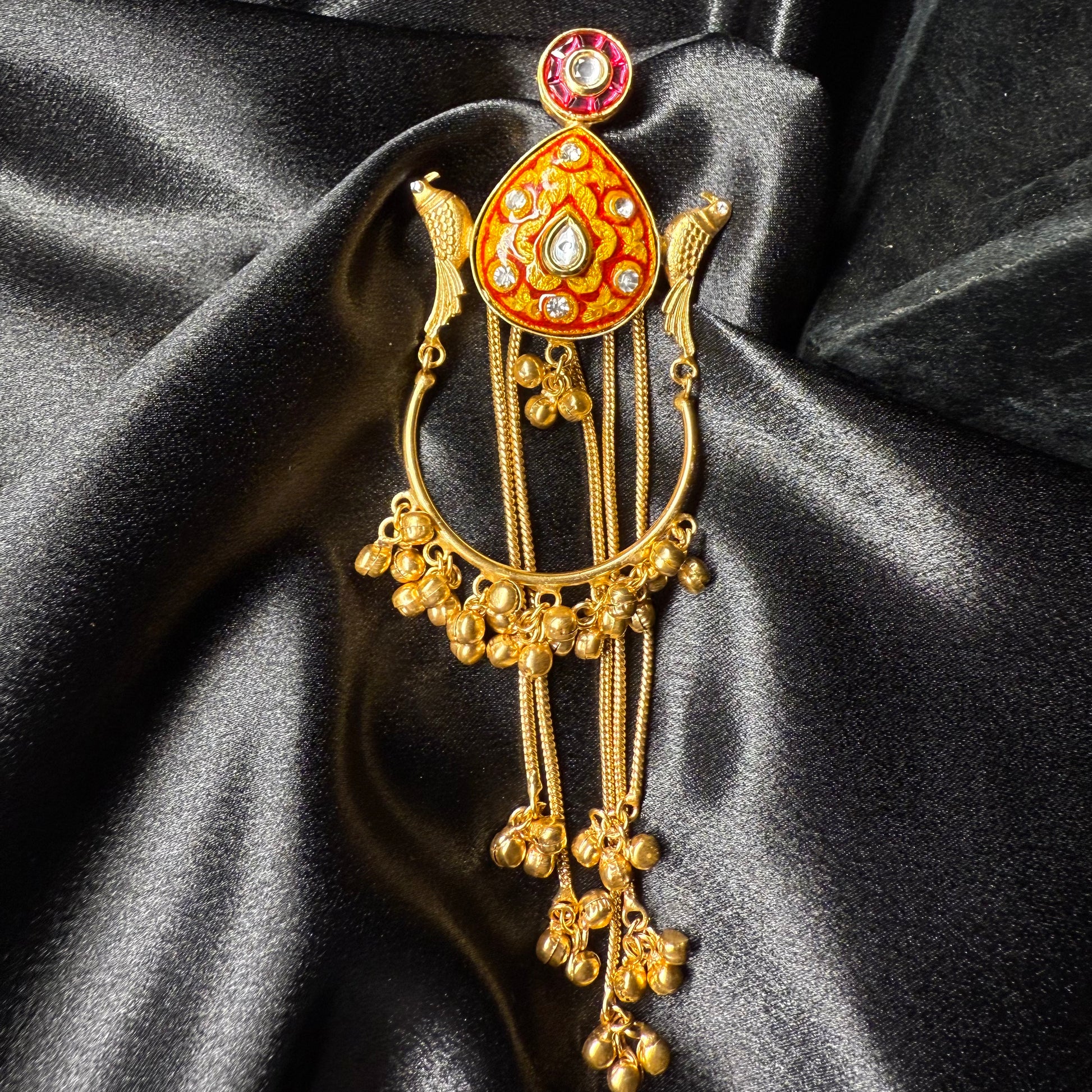 Kashmiri Peacock Design Brass Earrings with Hanging Chains Red & Gold