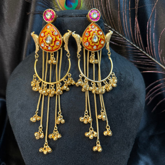 Kashmiri Peacock Design Brass Earrings with Hanging Chains Red & Gold