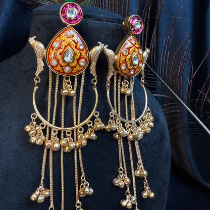 Kashmiri Peacock Design Brass Earrings with Hanging Chains Red & Gold