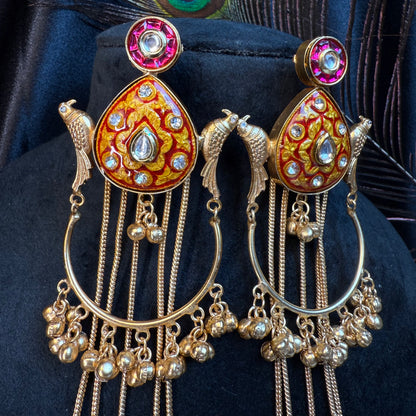 Kashmiri Peacock Design Brass Earrings with Hanging Chains Red & Gold