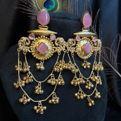 Royal Kashmiri Stone Studded Brass Earrings with Multi-Chain Ghungroo Design