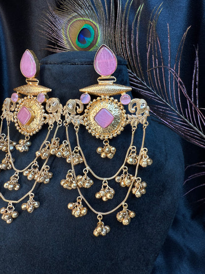 Royal Kashmiri Stone Studded Brass Earrings with Multi-Chain Ghungroo Design